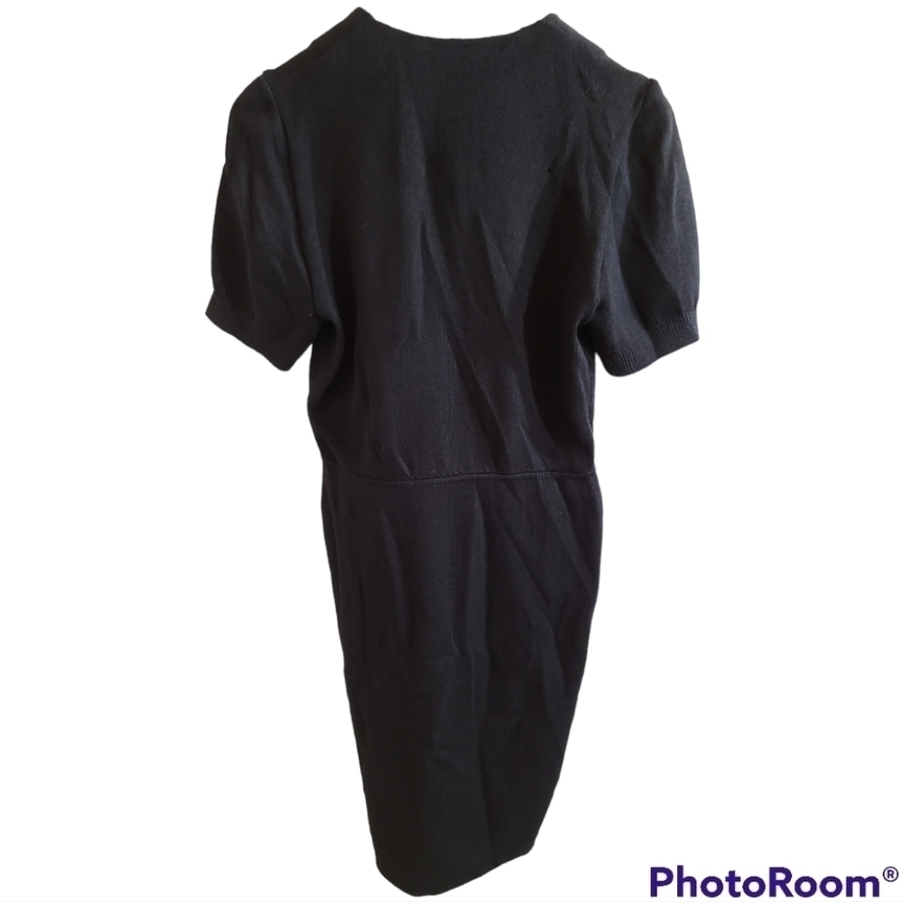 St. John Black Dress 4 Button Chest Puff Sleeve V-neck Flaw - Picture 2 of 7